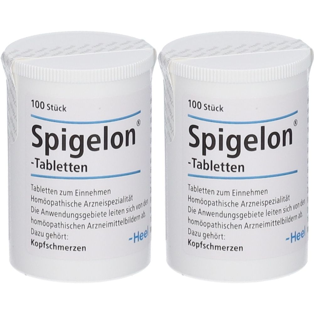 Zwei weiße Tablettenbehälter mit Aufschrift Spigelon -Tabletten. Aufschrift: 100 Stück. Homöopathische Arzneispezialität. Dazu gehört: Kopfschmerzen.