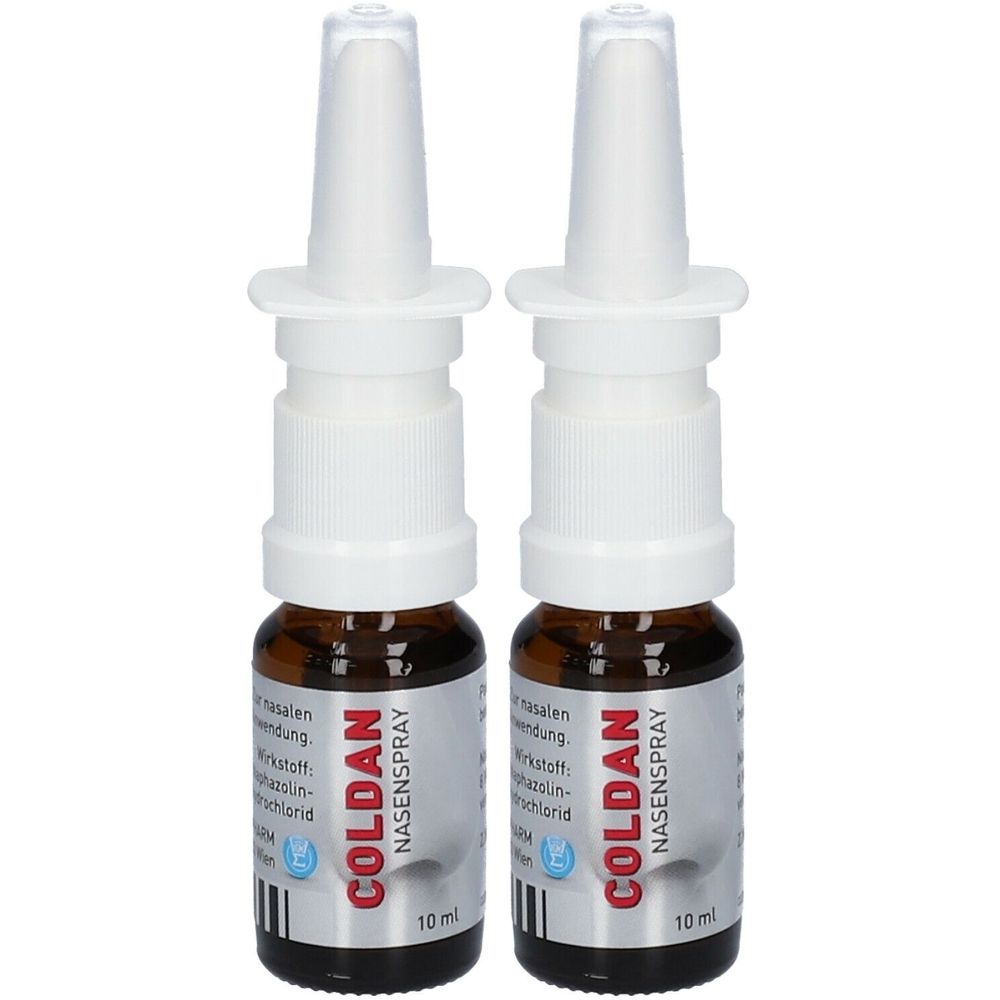 Zwei Nasensprays mit weißem Sprühkopf und brauner Glasflasche. Aufschrift: COLDAN Nasenspray, 10 ml.