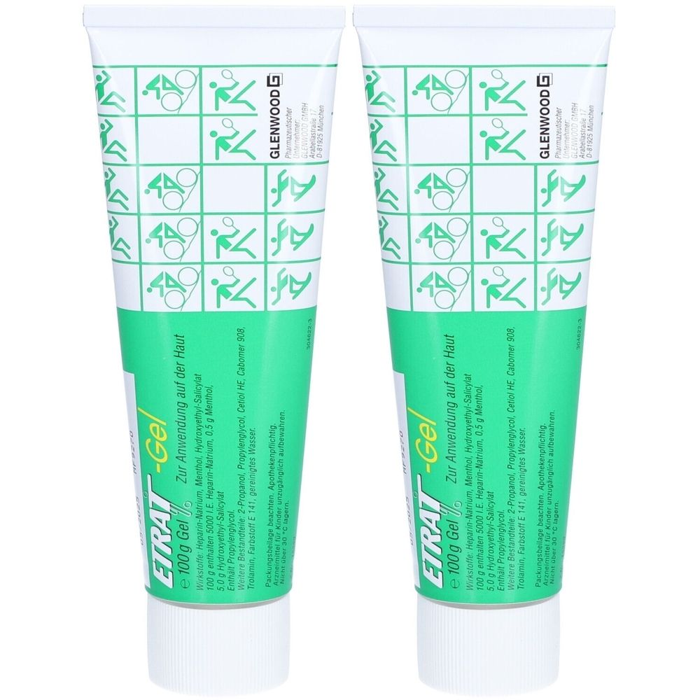 Zwei Tuben Etrat-Gel. Weiße Tuben mit grüner Schrift und Sport-Symbolen. Aufschrift: Etrat-Gel, 100g. Hersteller: Glenwood.