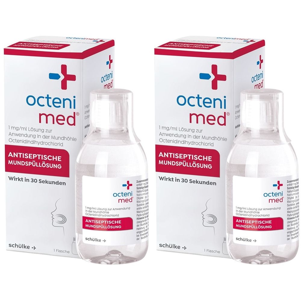 Zwei Flaschen und Verpackungen von octenimed® Antiseptische Mundspüllösung. Weiße Verpackung mit roter Schrift.