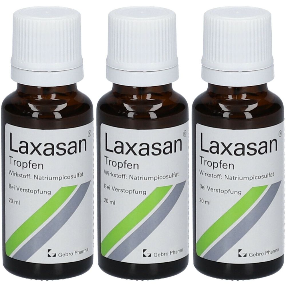 Drei braune Flaschen mit weißem Deckel. Auf den Etiketten steht "Laxasan Tropfen".