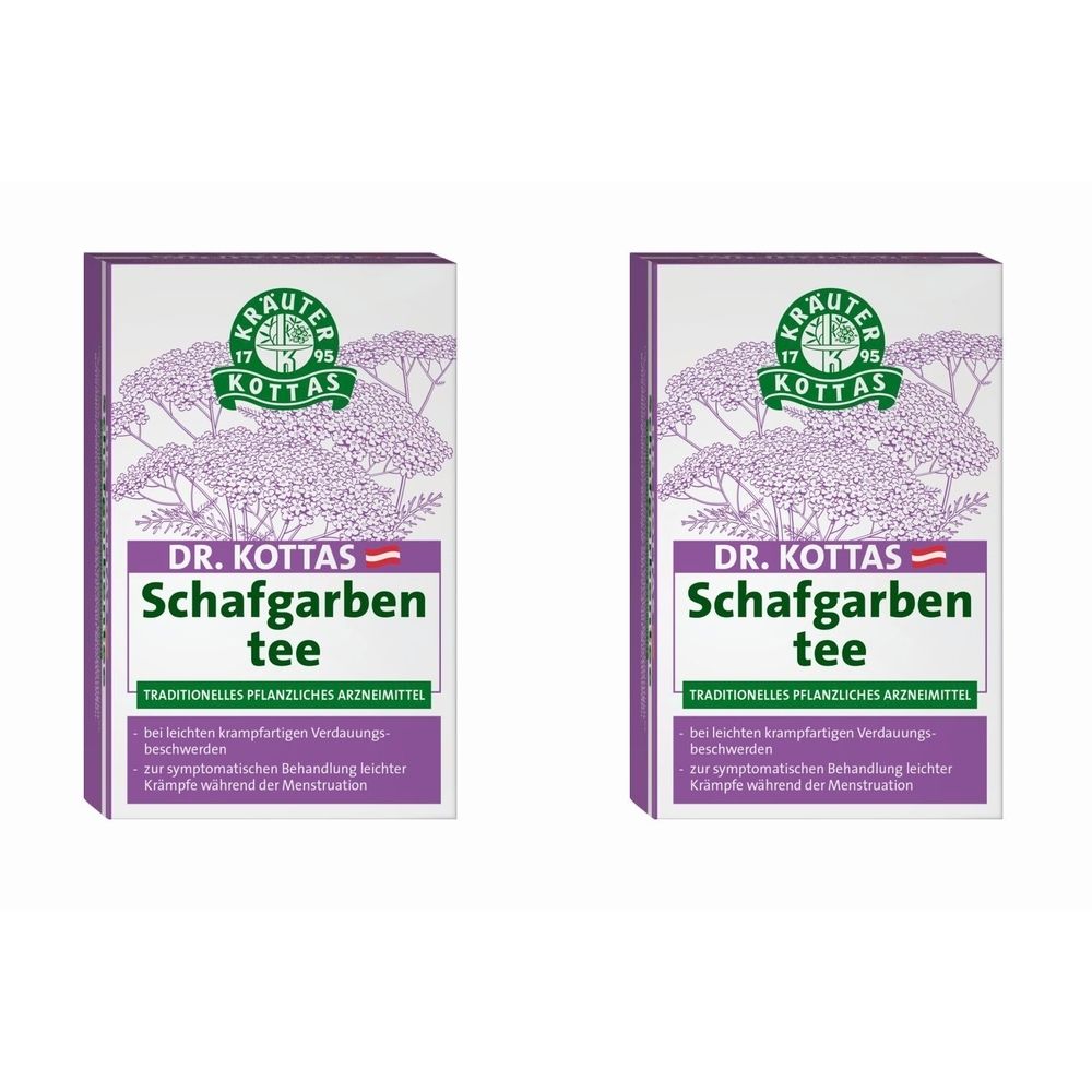 Zwei rechteckige Kartons mit "DR. KOTTAS Schafgarbentee" Aufschrift. Logo mit Kräutern und Schriftzug. Lila und weiße Farbgebung.
