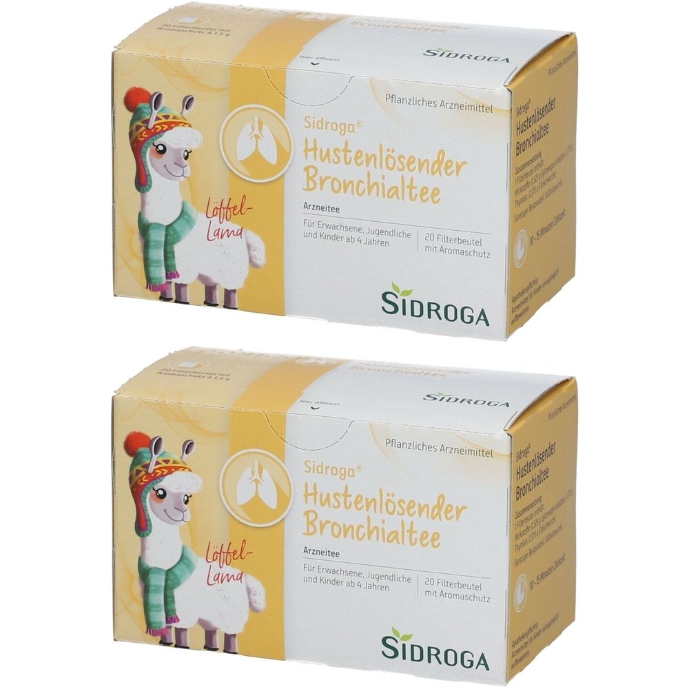 Zwei Schachteln Sidroga Hustenlösender Bronchialtee. Aufdruck mit Lama-Illustration und Produktinformationen. Marke Sidroga.