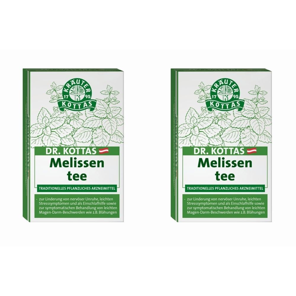 Zwei rechteckige Kartons mit grün-weißem Design. Aufschrift: DR. KOTTAS Melissentee. Traditionelles pflanzliches Arzneimittel.