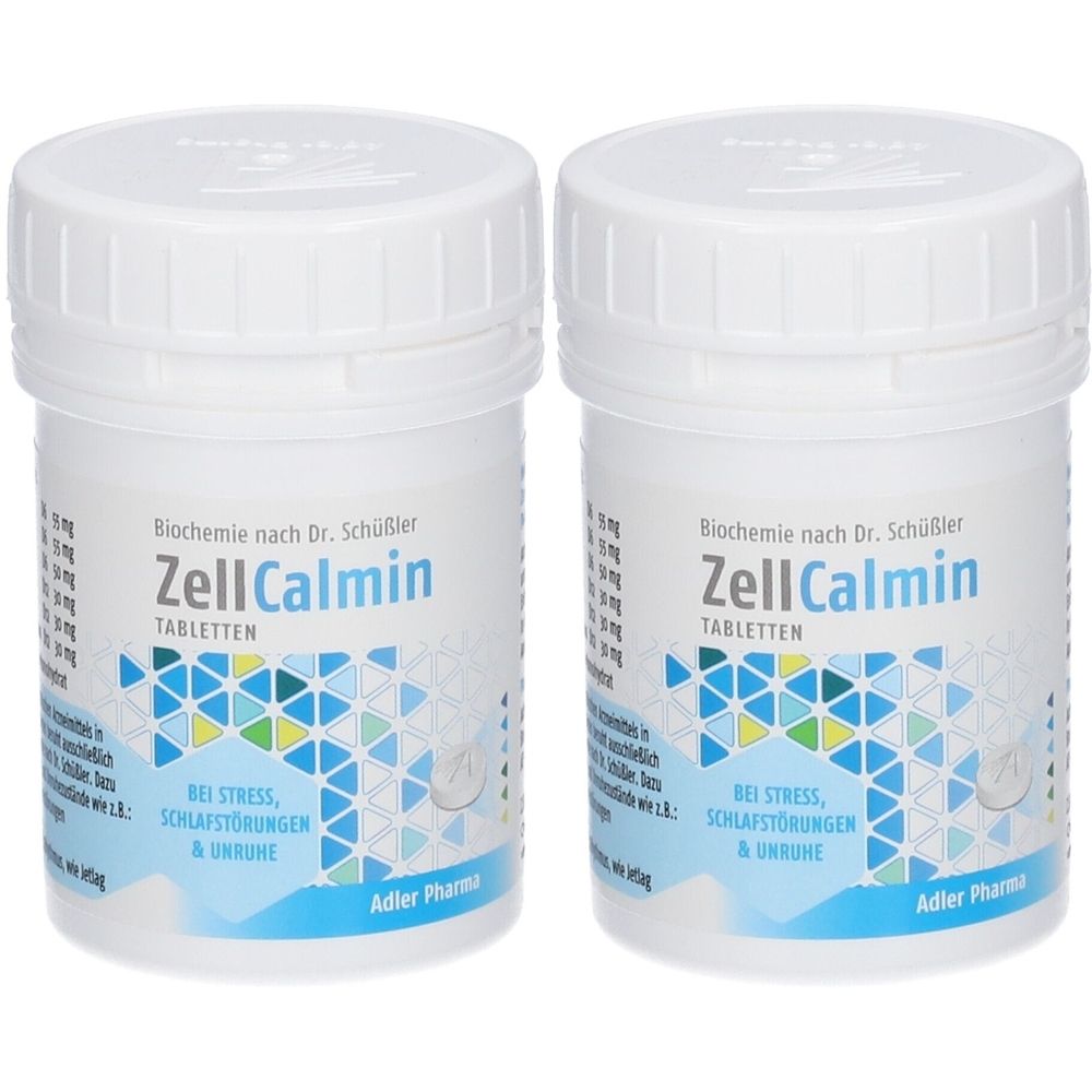 Zwei weiße Tablettenbehälter mit Schraubverschluss. Aufschrift: ZellCalmin Tabletten. Angaben zu Stress, Schlafstörungen und Unruhe. Adler Pharma.