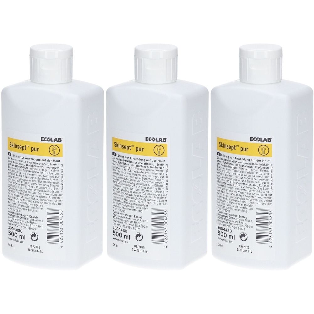Drei weiße Flaschen mit Schraubverschluss. Auf den Etiketten steht "Skinsept pur" und "ECOLAB".