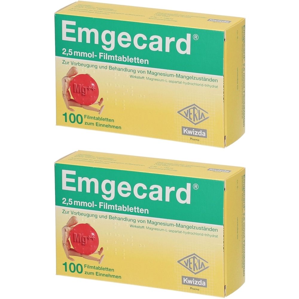 Zwei Schachteln Emgecard 2,5 mmol Filmtabletten. Gelb-grüne Verpackung mit Produktnamen, Mg-Symbol und 100 Tabletten. Hersteller: Kwizda.