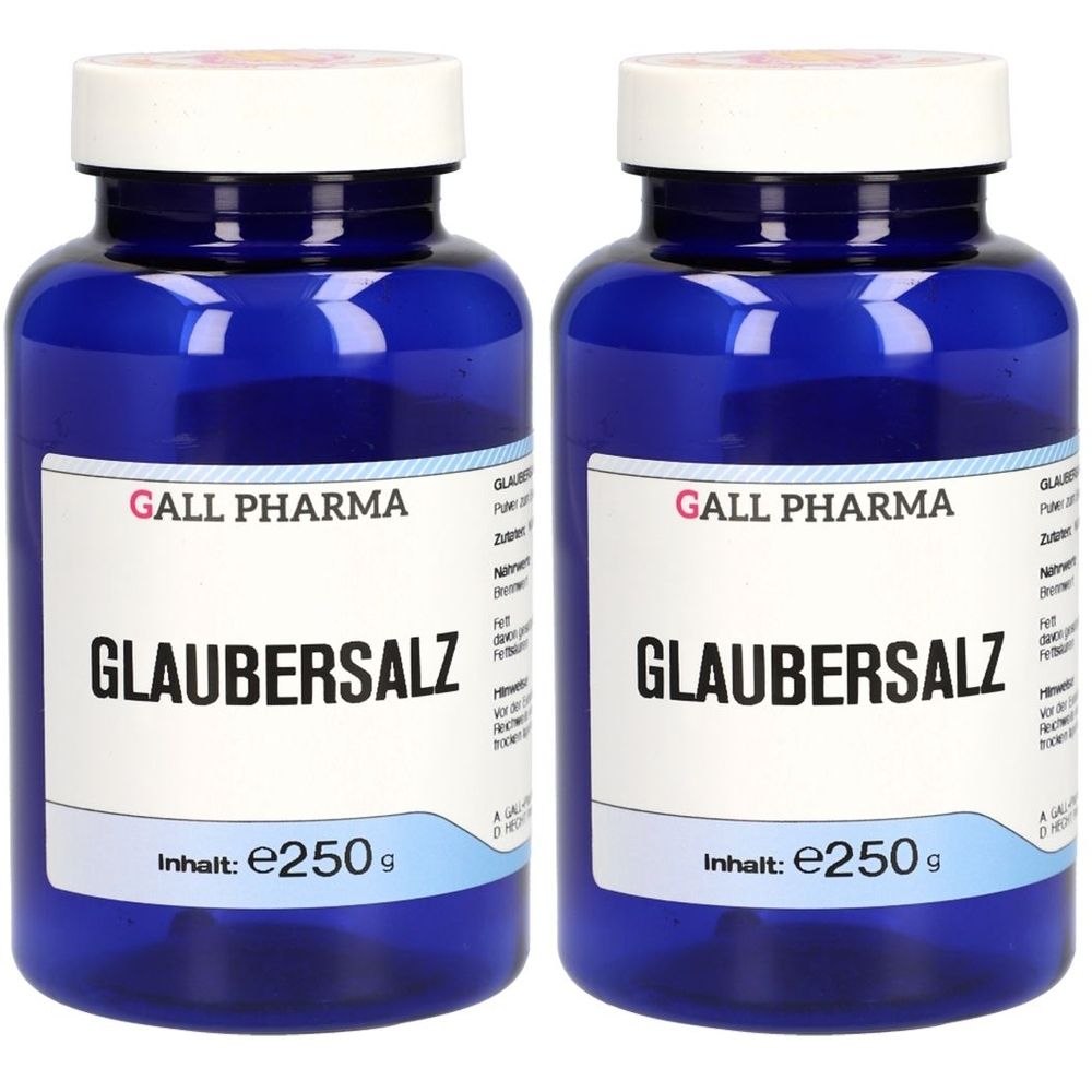 Zwei blaue Flaschen mit weißem Deckel. Auf dem Etikett steht "GALL PHARMA Glaubersalz" und "Inhalt: e250 g".