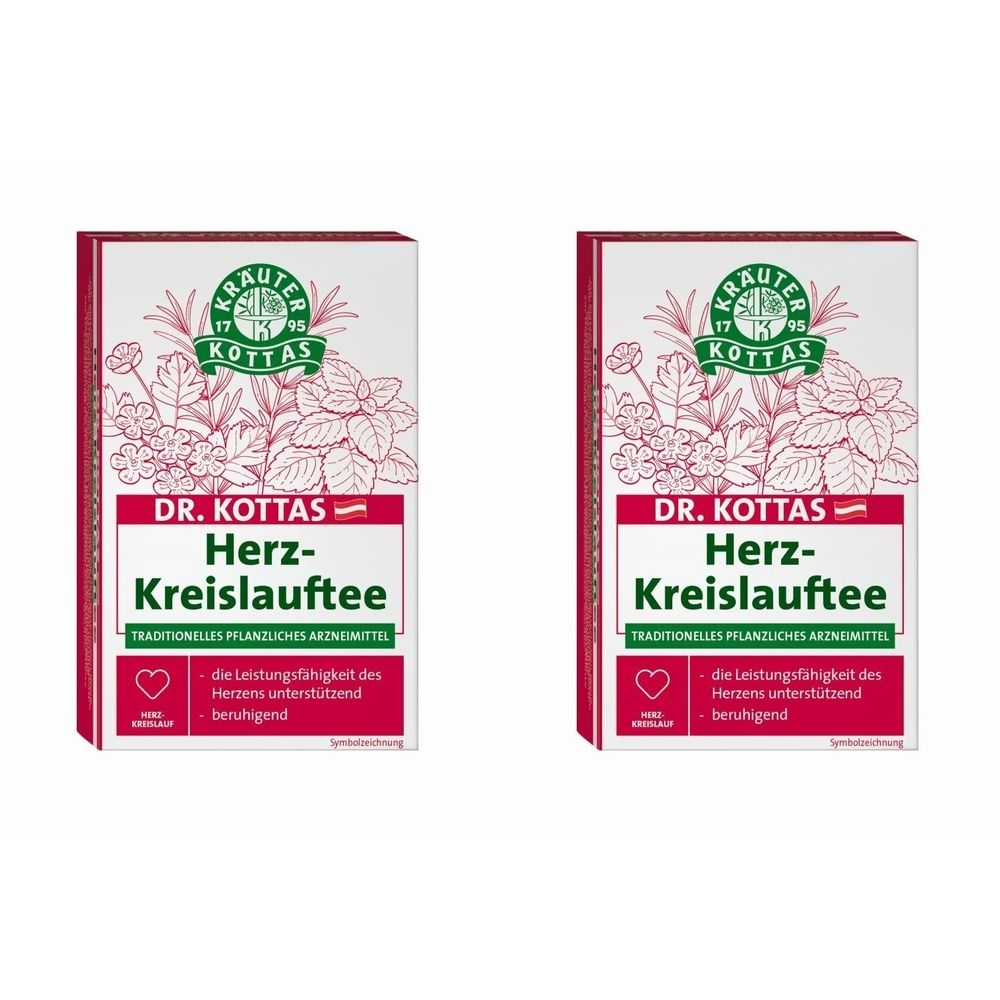 Zwei rechteckige Kartonverpackungen. Aufdruck: DR. KOTTAS Herz-Kreislauftee. Logo mit Kräutern. Text: die Leistungsfähigkeit des Herzens unterstützend, beruhigend.