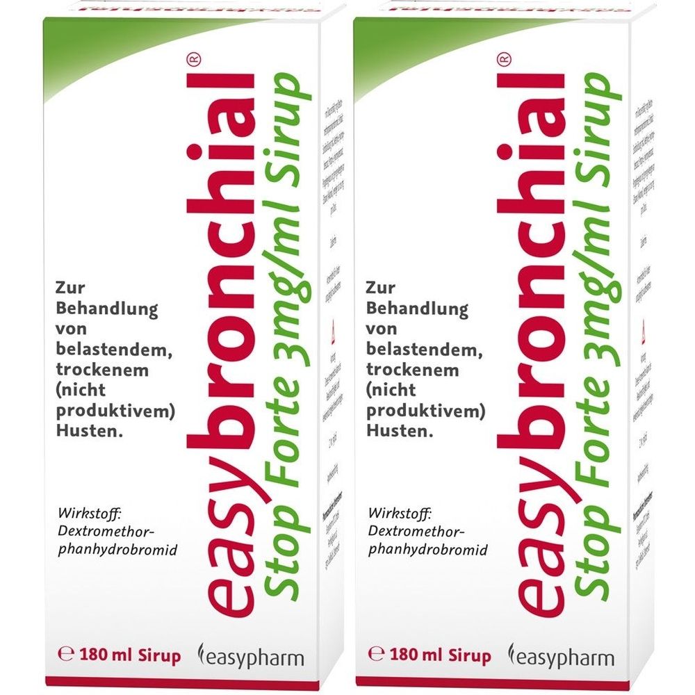 Zwei Packungen easybronchial Stop Forte 3mg/ml Sirup. Weiße Kartons mit grünen und roten Schriftzügen. Enthält 180 ml Sirup.