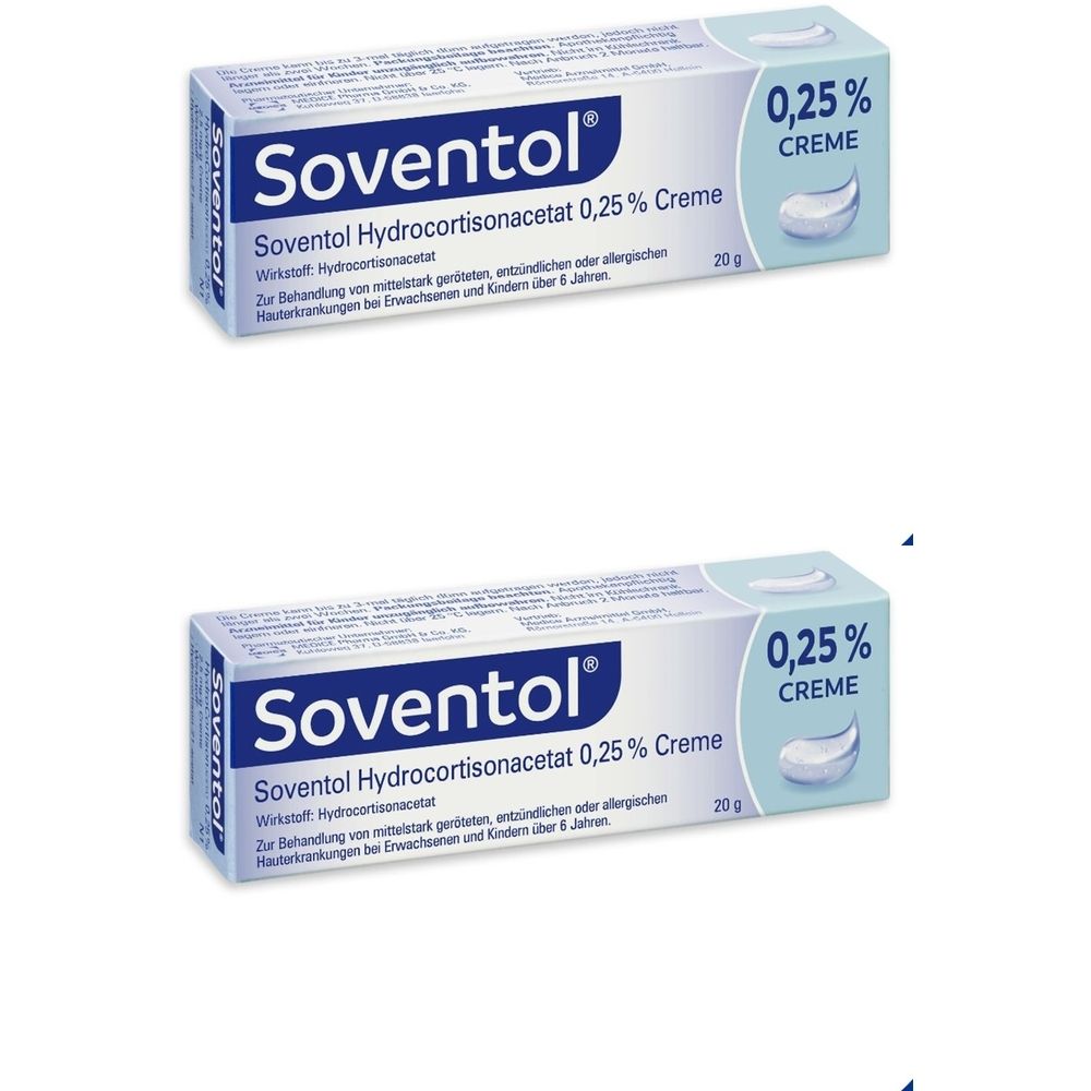 Zwei Tuben Soventol Hydrocortisonacetat 0,25 % Creme. Weiße Tube mit blauer Schrift. Aufschrift: 0,25 % Creme.