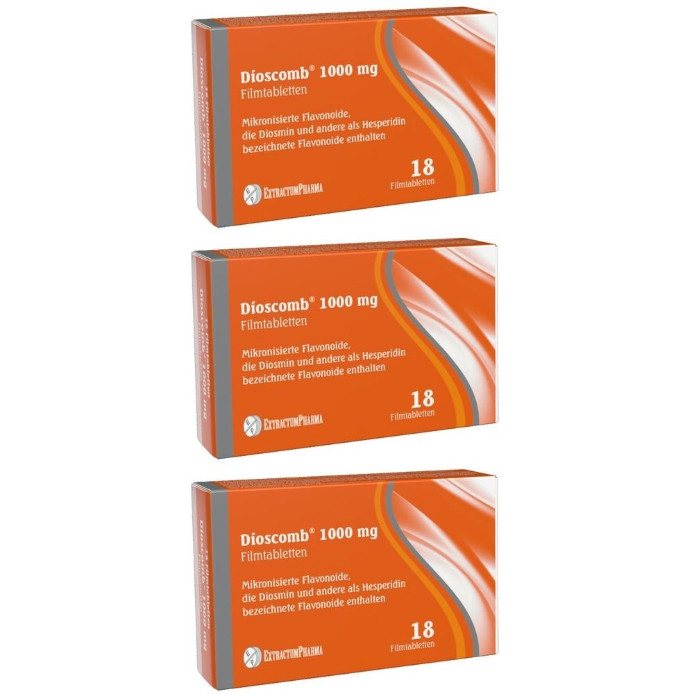 Drei Schachteln Dioscomb 1000 mg Filmtabletten. Orangefarbene Verpackung mit weißer Schrift. Enthält 18 Tabletten.