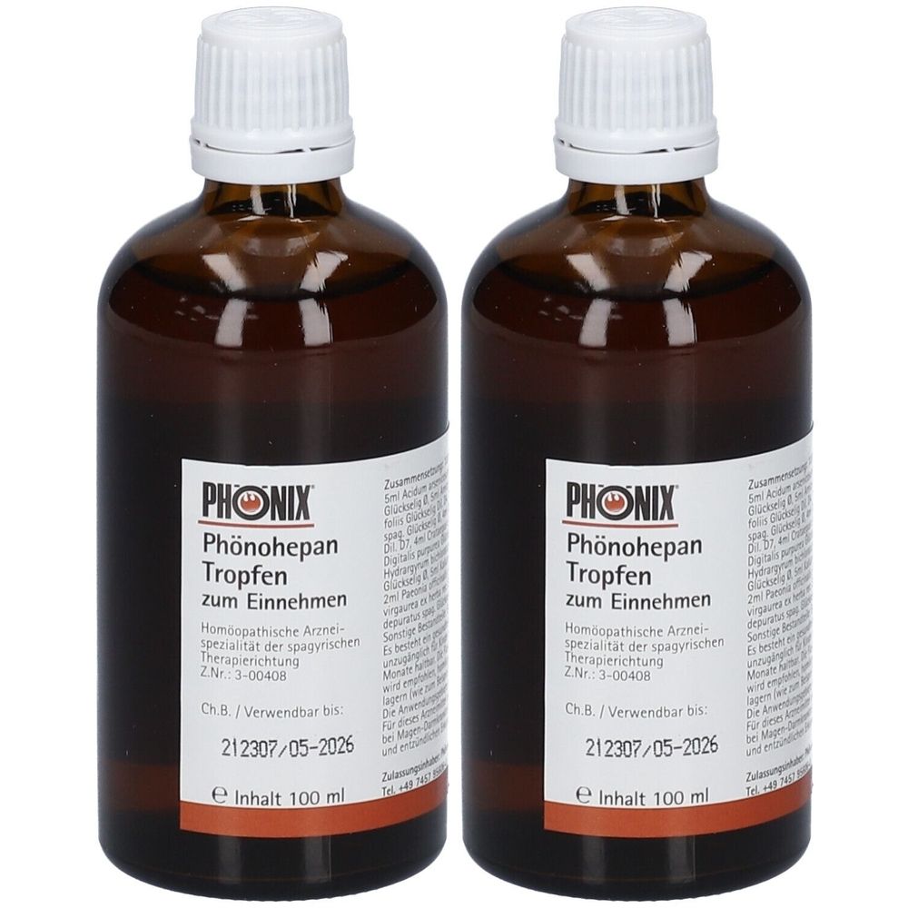 Zwei braune Glasflaschen mit weißem Verschluss. Auf dem Etikett steht PHÖNIX Phönohepan Tropfen. Haltbarkeitsdatum 05-2026. Inhalt 100 ml.