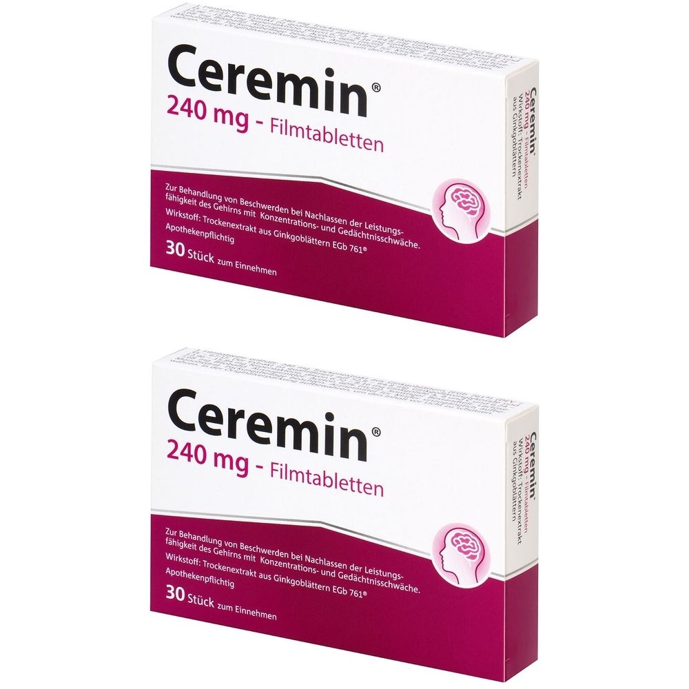 Zwei Schachteln Ceremin 240 mg Filmtabletten. Weiße Verpackung mit lila Akzenten und Produktinformationen. 30 Stück.