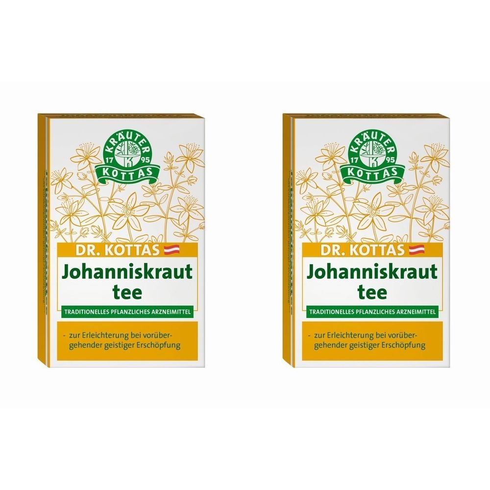 Zwei rechteckige Kartons mit Aufschrift "DR. KOTTAS Johanniskrauttee". Goldfarbener Hintergrund, weißes Logo mit floralem Design.