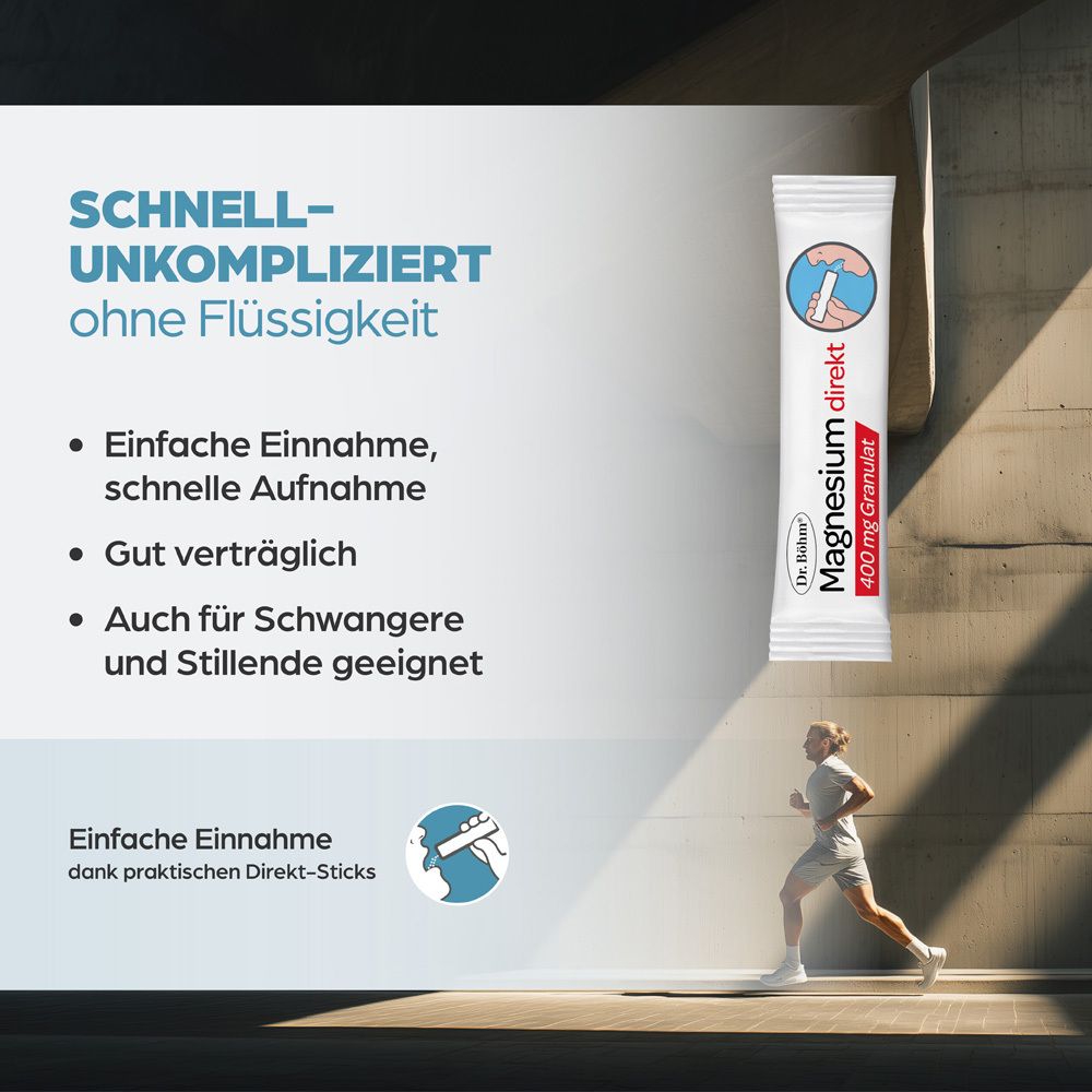 Person rennt. Produkt-Stick Dr. Böhm Magnesium direkt 400 mg Granulat. Text: Schnell, unkompliziert, ohne Flüssigkeit.