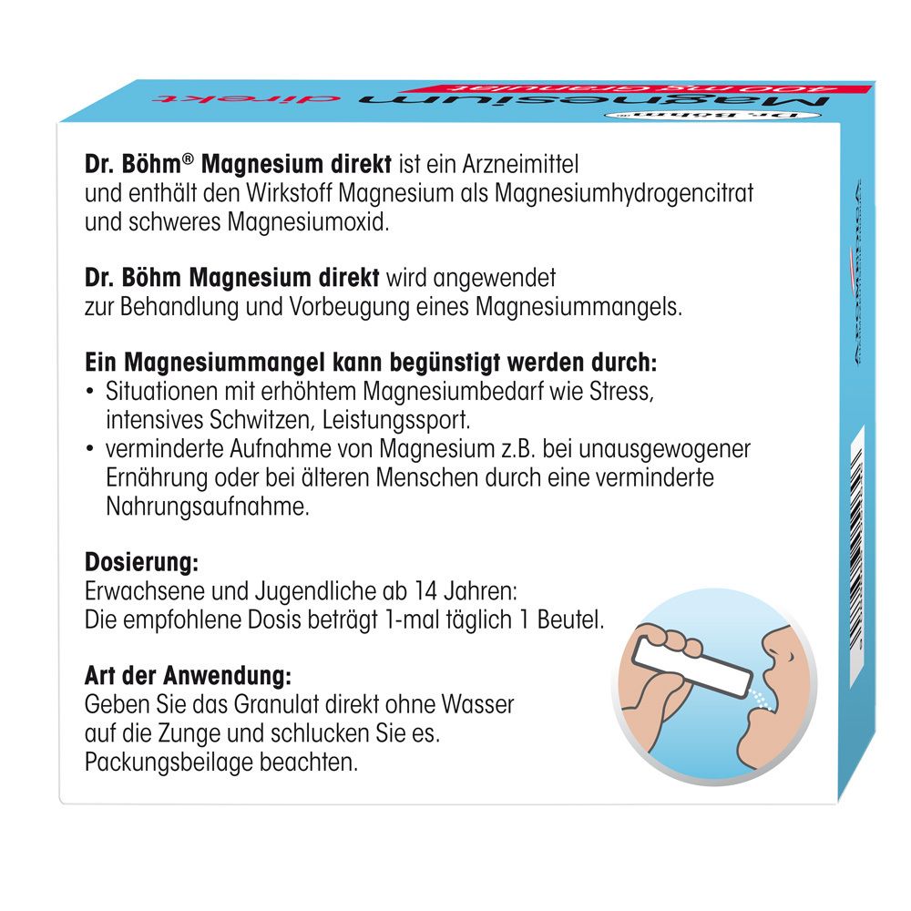 Rückseite der Packung Dr. Böhm Magnesium direkt. Text: Anwendung, Dosierung, Inhaltsstoffe. Illustration: Einnahme.