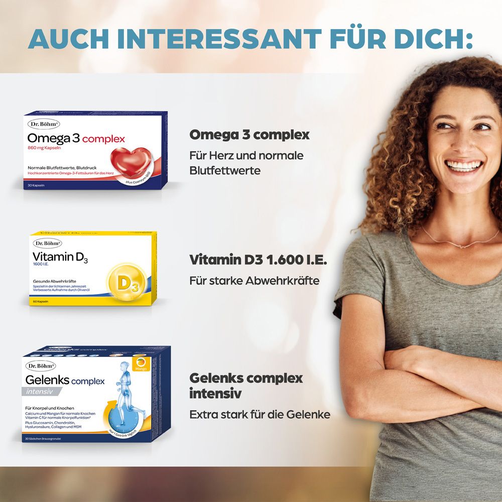 Frau lächelt. Produkte: Omega 3, Vitamin D3, Gelenks complex. Text: Auch interessant für dich.