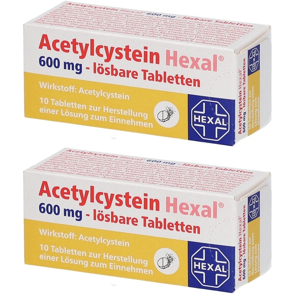 Zwei Schachteln Acetylcystein Hexal 600 mg. Aufschrift: lösbare Tabletten, Wirkstoff Acetylcystein, 10 Tabletten zur Herstellung.