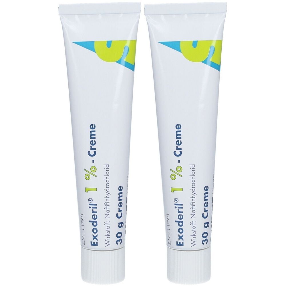 Zwei Tuben Exoderil 1 % Creme. Weiße Tuben mit blauer und gelber Schrift. Enthält Naftifinhydrochlorid. 30 g.