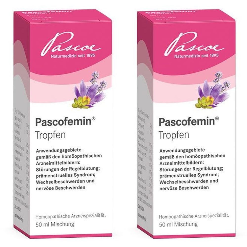 Zwei Packungen Pascofemin® Tropfen. Rosa-weiße Schachteln mit Produktnamen, Logo und floralem Design. Text in deutscher Sprache.