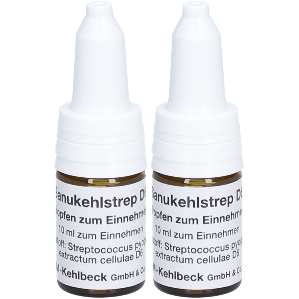 Zwei kleine braune Glasflaschen mit weißen Tropfaufsätzen. Beschriftung: Sanukehlstrep D6, Tropfen zum Einnehmen. Hersteller: M-Kehlbeck GmbH & Co.