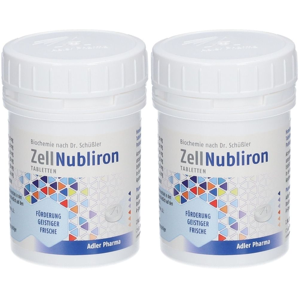Zwei weiße Tablettenbehälter mit Deckel. Aufschrift: ZellNubliron Tabletten, Adler Pharma. Fördert geistige Frische.