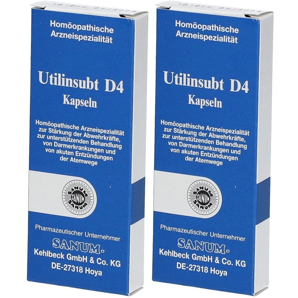 Zwei blaue Kartons mit der Aufschrift "Utilinsubt D4 Kapseln". Text: Homöopathische Arzneispezialität. SANUM-Logo und Firmenadresse.