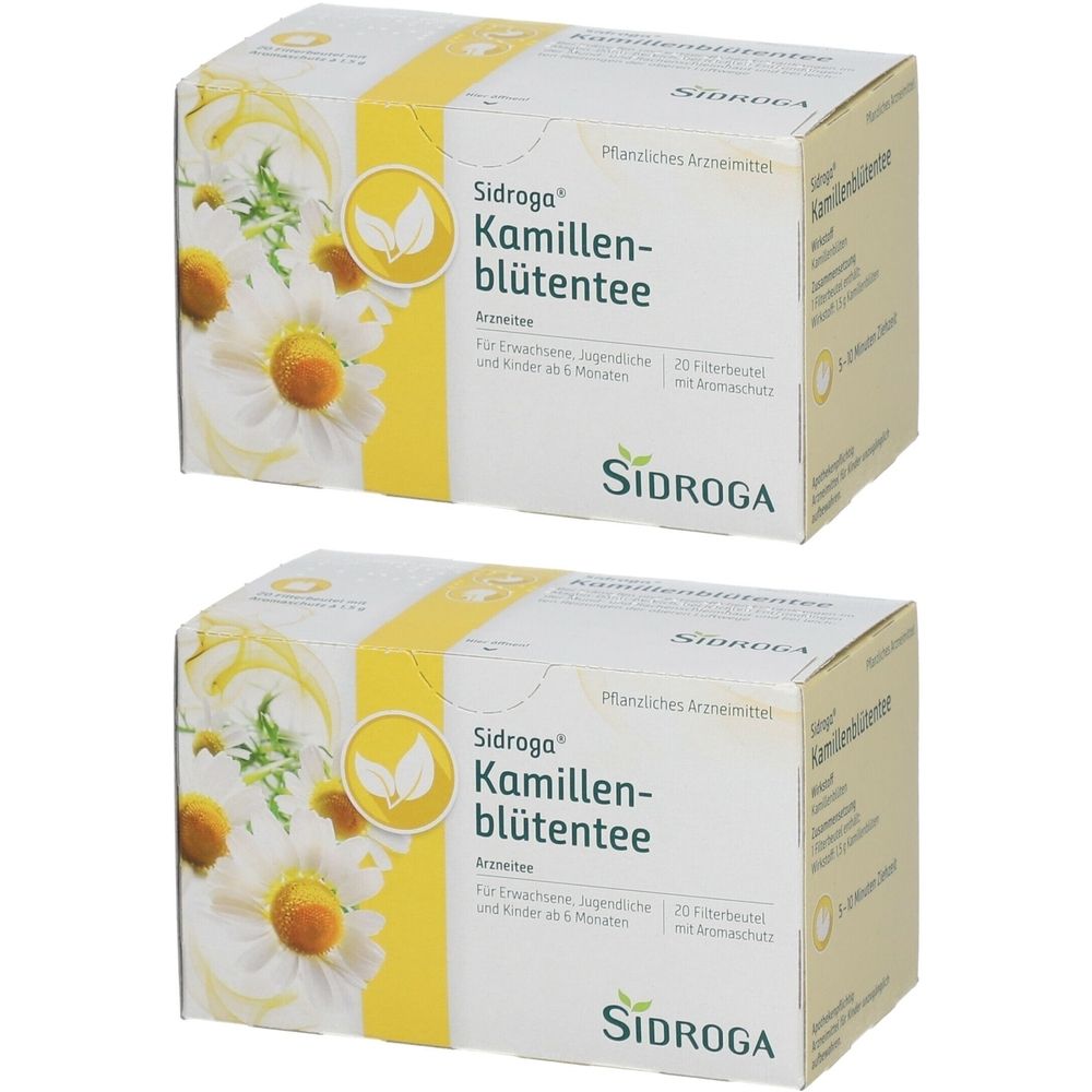 Zwei Kartons mit Kamillenblütentee. Aufdruck: Sidroga, Kamillenblütentee, Arzneitee, 20 Filterbeutel. Gelb-weißes Design mit Kamillenblüten.
