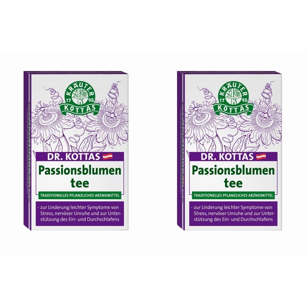 Zwei rechteckige Kartons mit lila Akzenten. Aufschrift: DR. KOTTAS Passionsblumentee. Traditionelles pflanzliches Arzneimittel. Zur Unterstützung bei Stress und Schlafstörungen.
