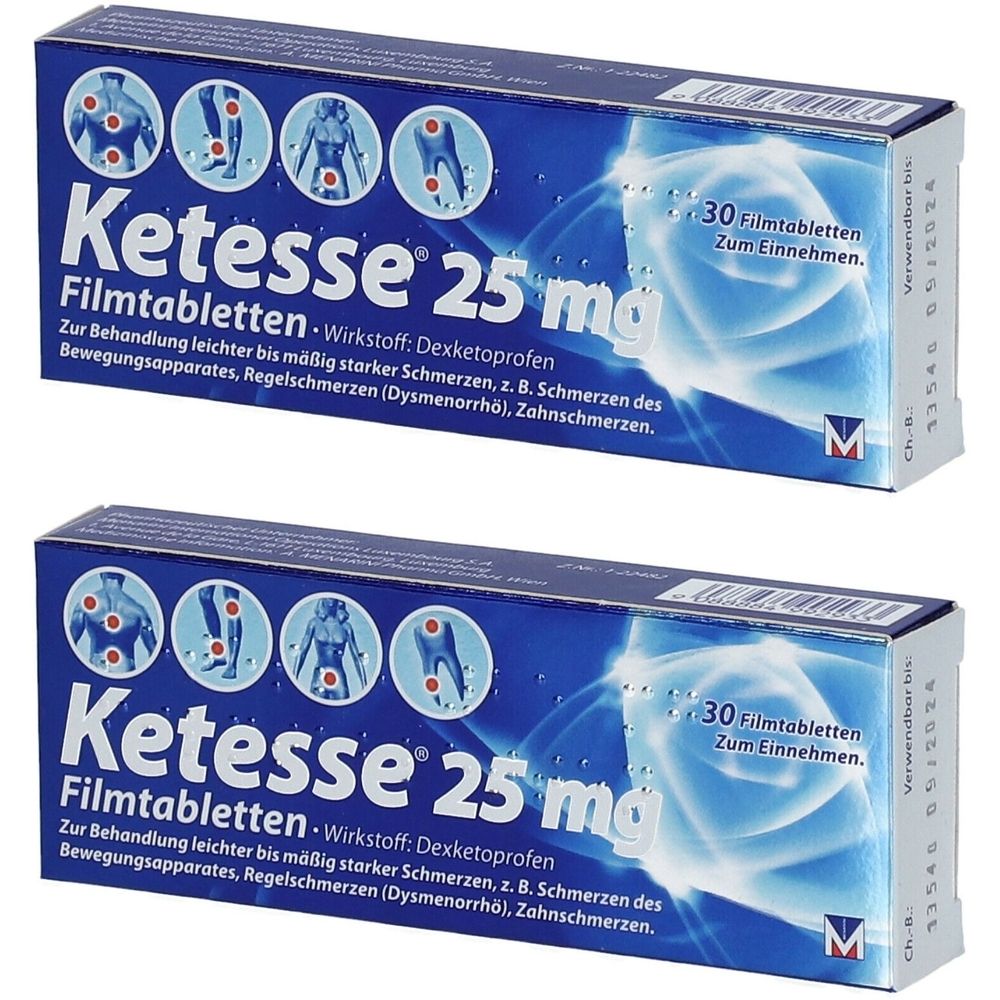 Zwei Schachteln Ketesse 25 mg Filmtabletten. Blaue Verpackung mit weißer Schrift. Enthält 30 Tabletten. Aufdruck: Dexketoprofen.