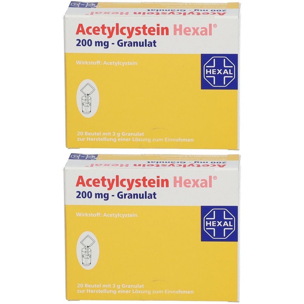 Zwei Packungen Acetylcystein Hexal 200 mg Granulat. Gelbe und weiße Verpackung mit Produktnamen und Logo.
