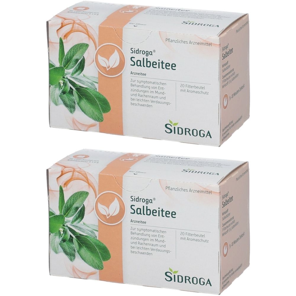 Zwei Schachteln Sidroga Salbeitee. Aufdruck: Pflanzenliches Arzneimittel, 70 Filterbeutel. Logo mit Blättern und Schriftzug.