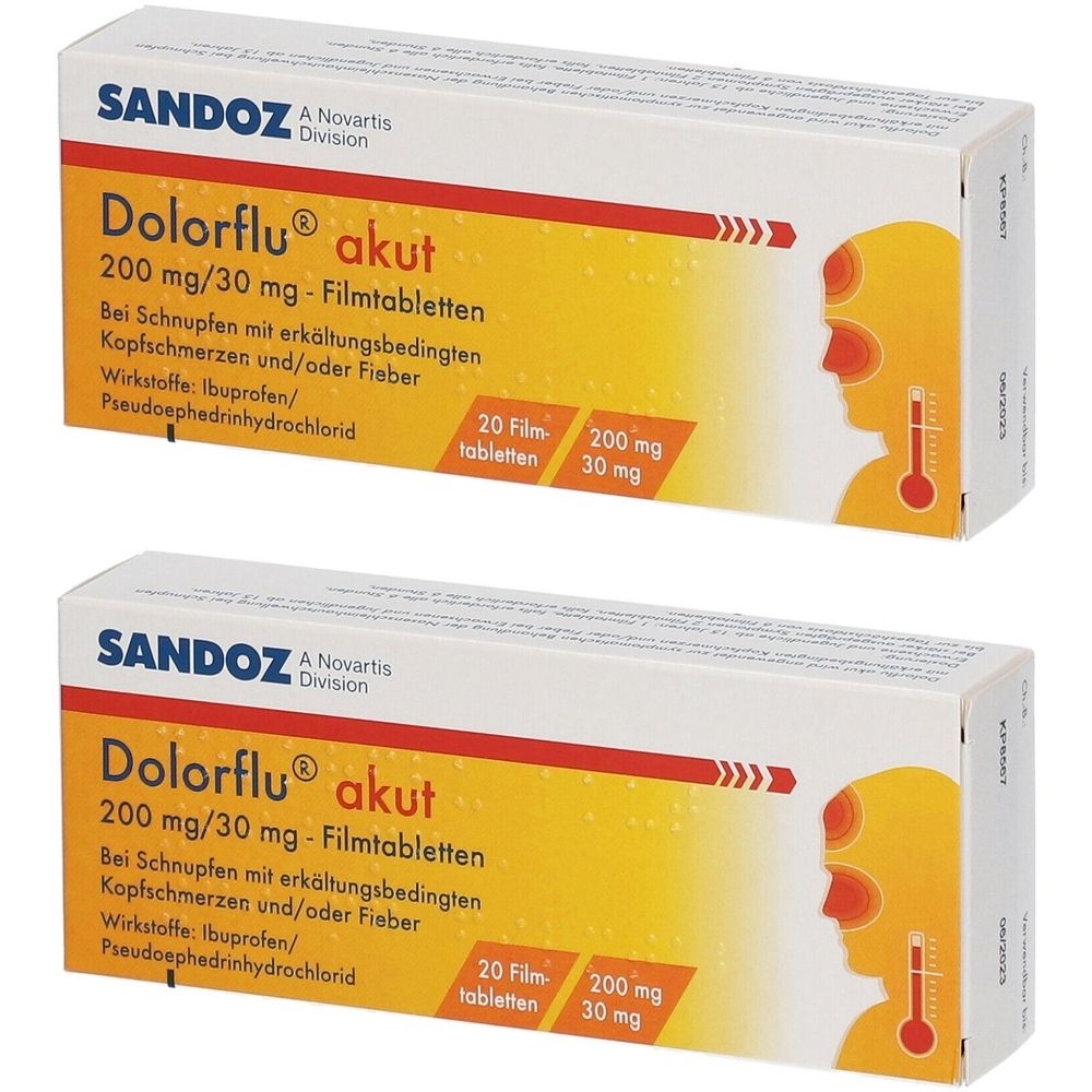 Zwei Schachteln Dolorflu akut. Aufdruck: 200 mg/30 mg Filmtabletten. Illustration: Kopf mit Fieberthermometer.