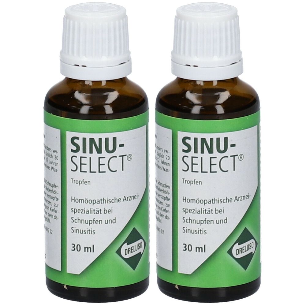 Zwei braune Flaschen mit weißen Deckeln. Auf den Etiketten steht SINU-SELECT Tropfen. 30 ml. Homöopathische Arzneispezialität.