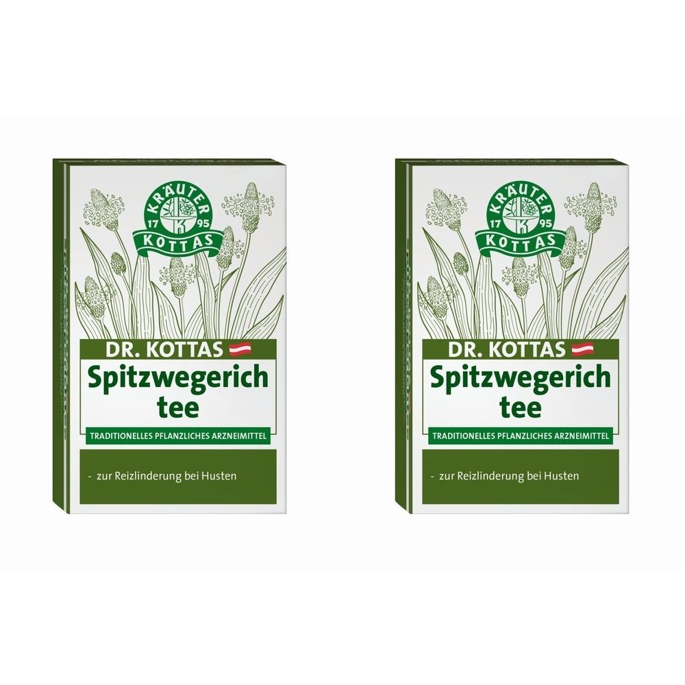 Zwei rechteckige Kartonverpackungen. Aufschrift: DR. KOTTAS Spitzwegerichtee. Traditionelles pflanzliches Arzneimittel. Zur Reizlinderung bei Husten.