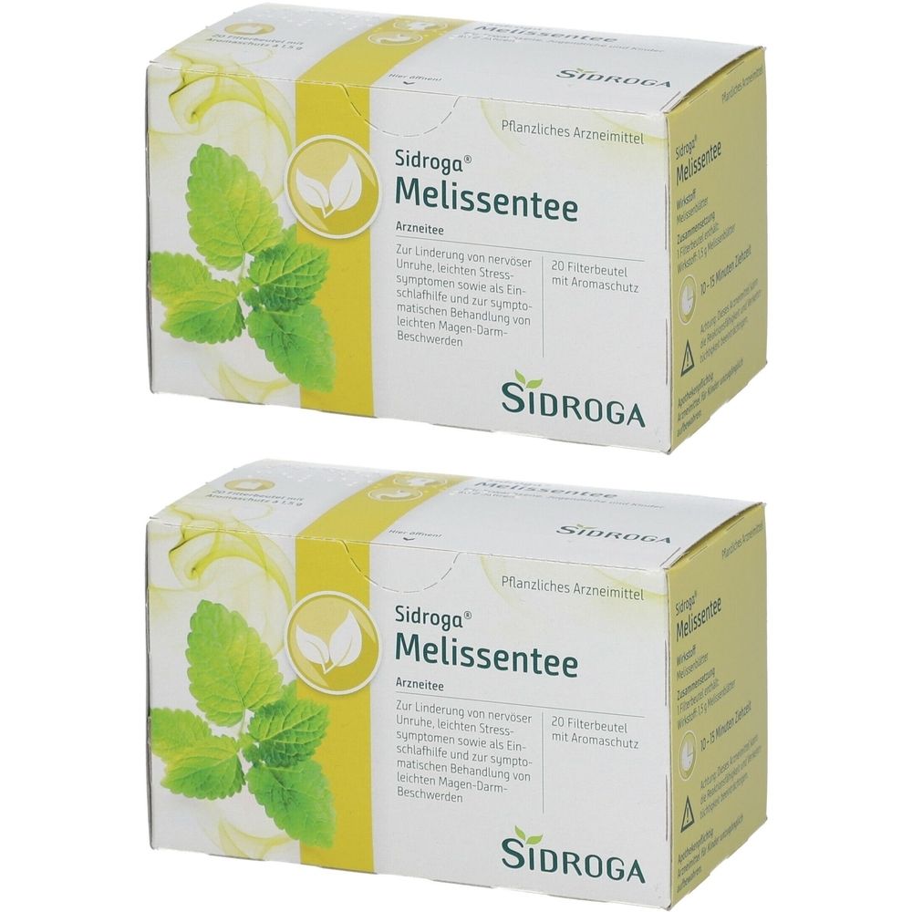 Zwei Schachteln Sidroga Melissentee. Weiße Verpackung mit gelben Akzenten und Kräuterabbildung. Text: Sidroga, Melissentee.