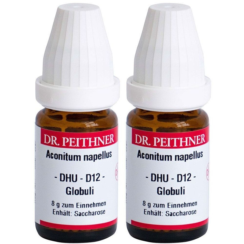 Zwei braune Glasflaschen mit weißen Deckeln. Auf den Etiketten steht "DR. PEITHNER Aconitum napellus - DHU - D12 - Globuli".
