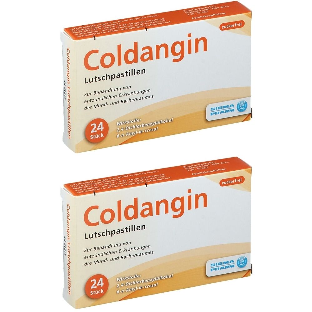 Zwei Schachteln Coldangin Lutschpastillen. Aufschrift: 24 Stück, zuckerfrei. Sigma Pharm Logo.