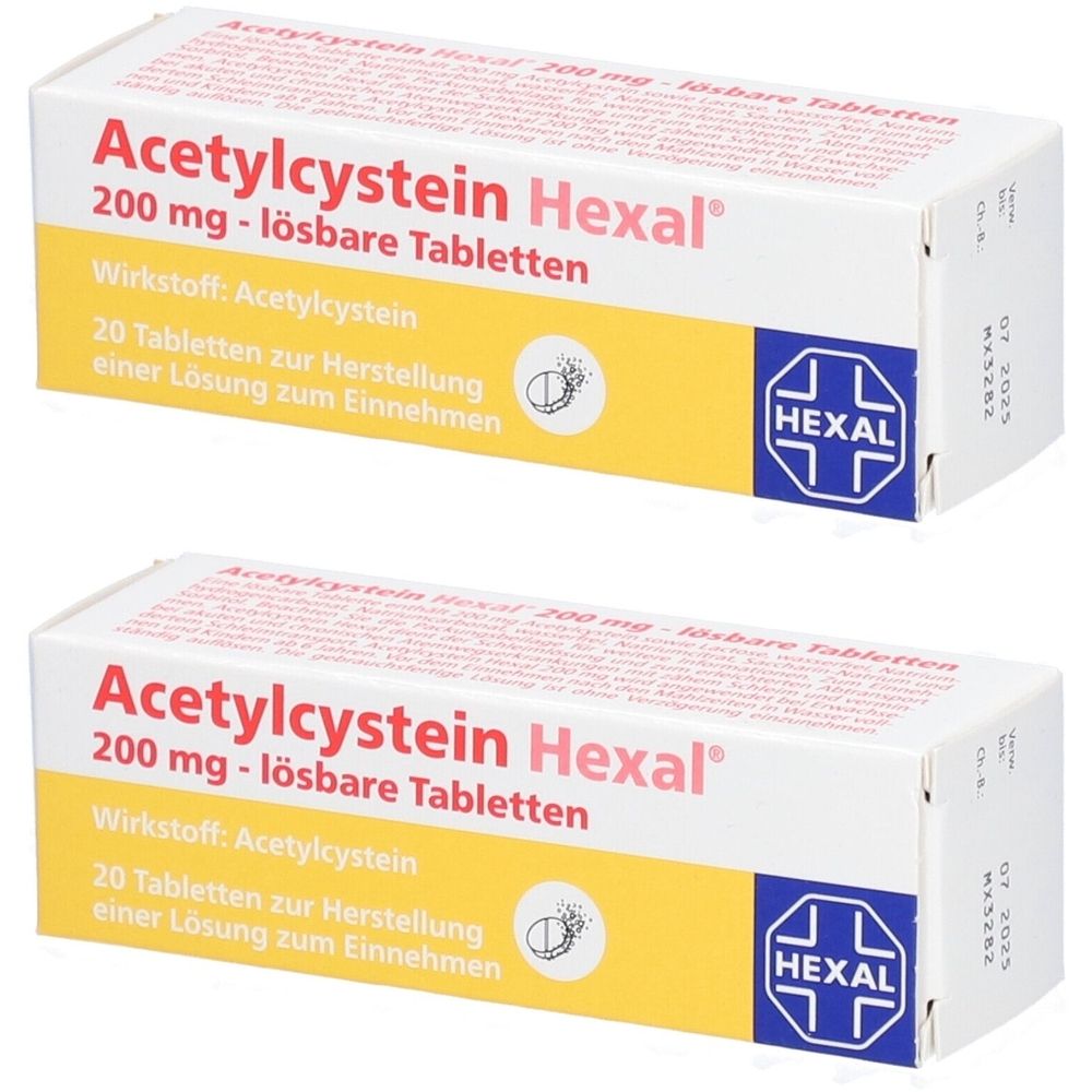 Zwei Schachteln Acetylcystein Hexal. Aufschrift: 200 mg - lösbare Tabletten. Enthält 20 Tabletten. Marke Hexal.