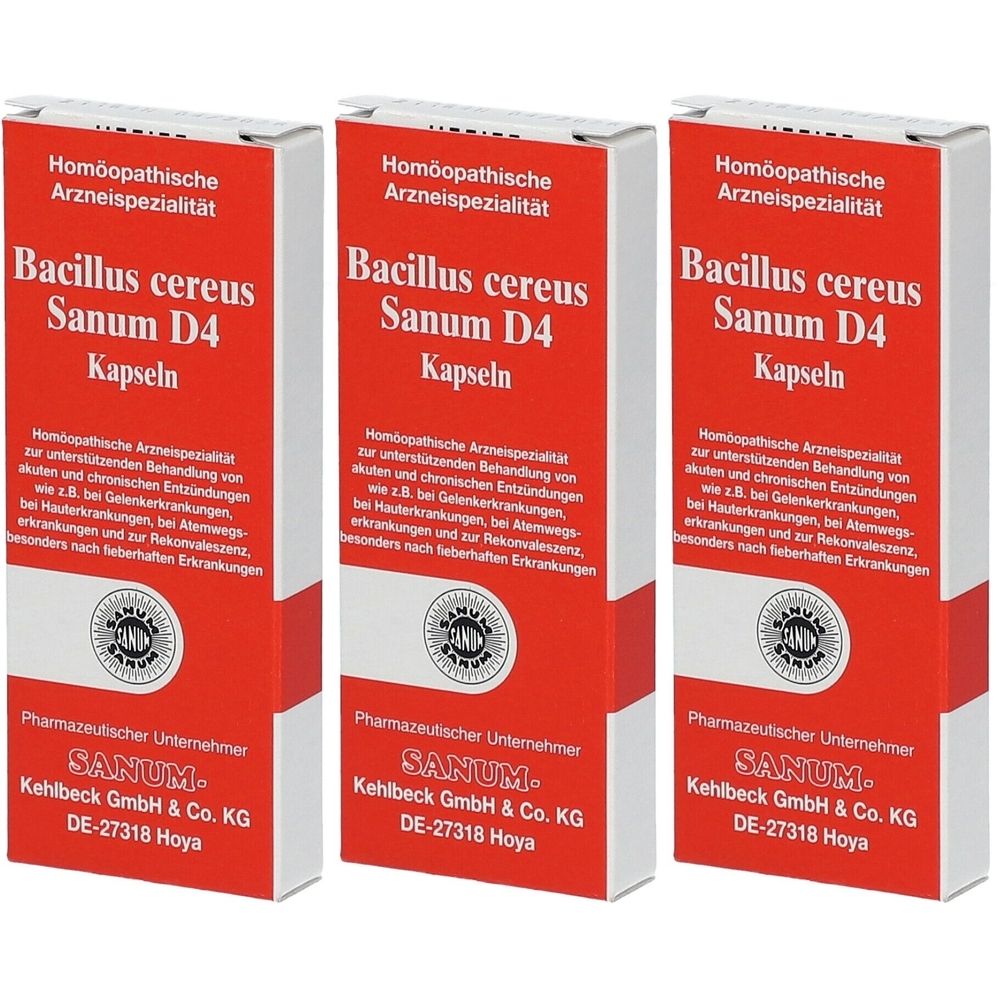 Drei rote und weiße Schachteln. Aufschrift: Bacillus cereus Sanum D4 Kapseln. Marke SANUM. Homöopathisches Arzneimittel.