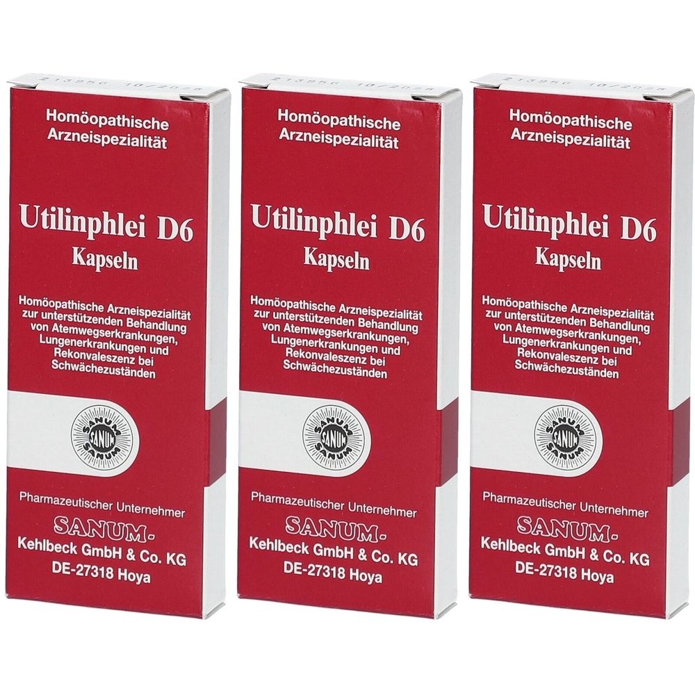 Drei rote und weiße Schachteln mit dem Produktnamen Utilinphlei D6. Text in deutscher Sprache, darunter Logo und Hersteller SANUM.