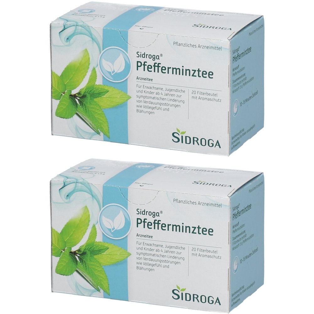 Zwei Schachteln Sidroga Pfefferminztee. Weiße Verpackung mit blauem Streifen und Minzblatt-Illustration. Text in Deutsch.