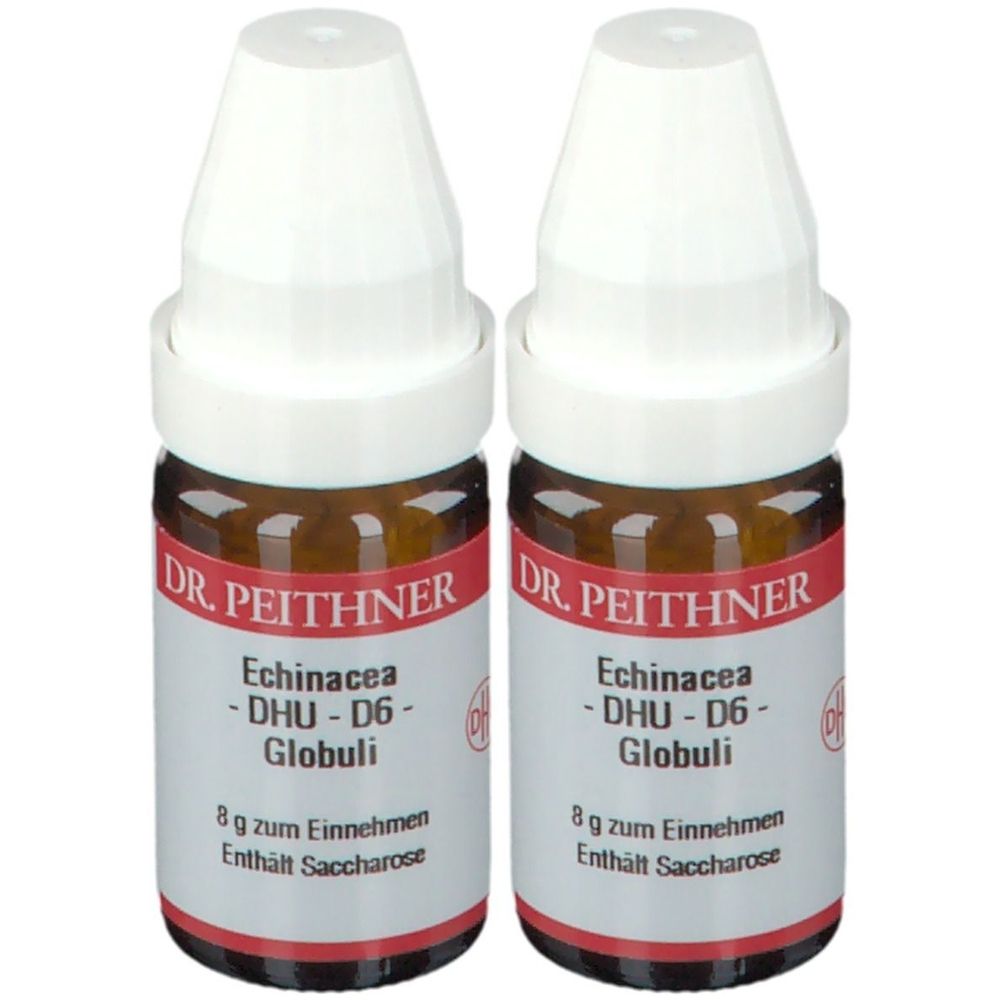Zwei kleine braune Glasflaschen mit weißen Deckeln. Auf den Etiketten steht "DR. PEITHNER Echinacea - DHU - D6 Globuli".