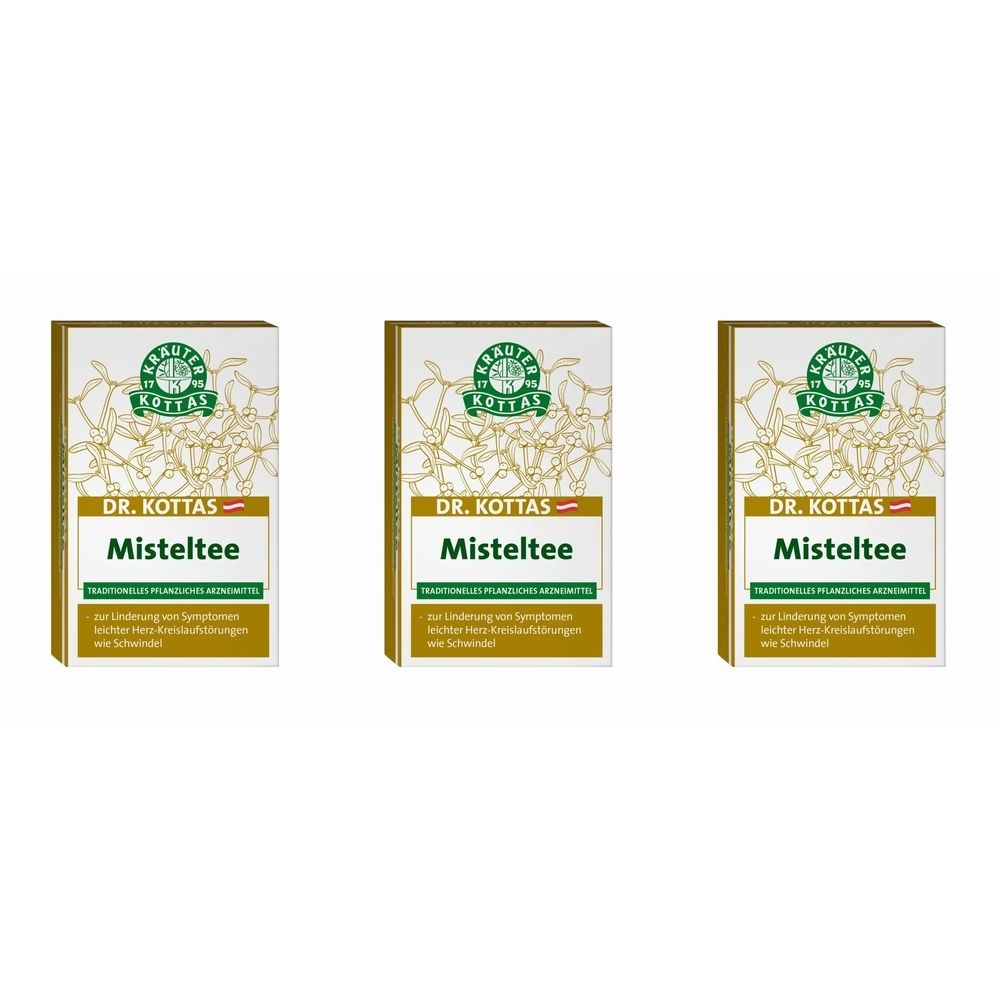 Drei Schachteln mit dem Aufdruck "DR. KOTTAS Misteltee". Goldfarbene Verpackung mit weißem Hintergrund und Schrift.