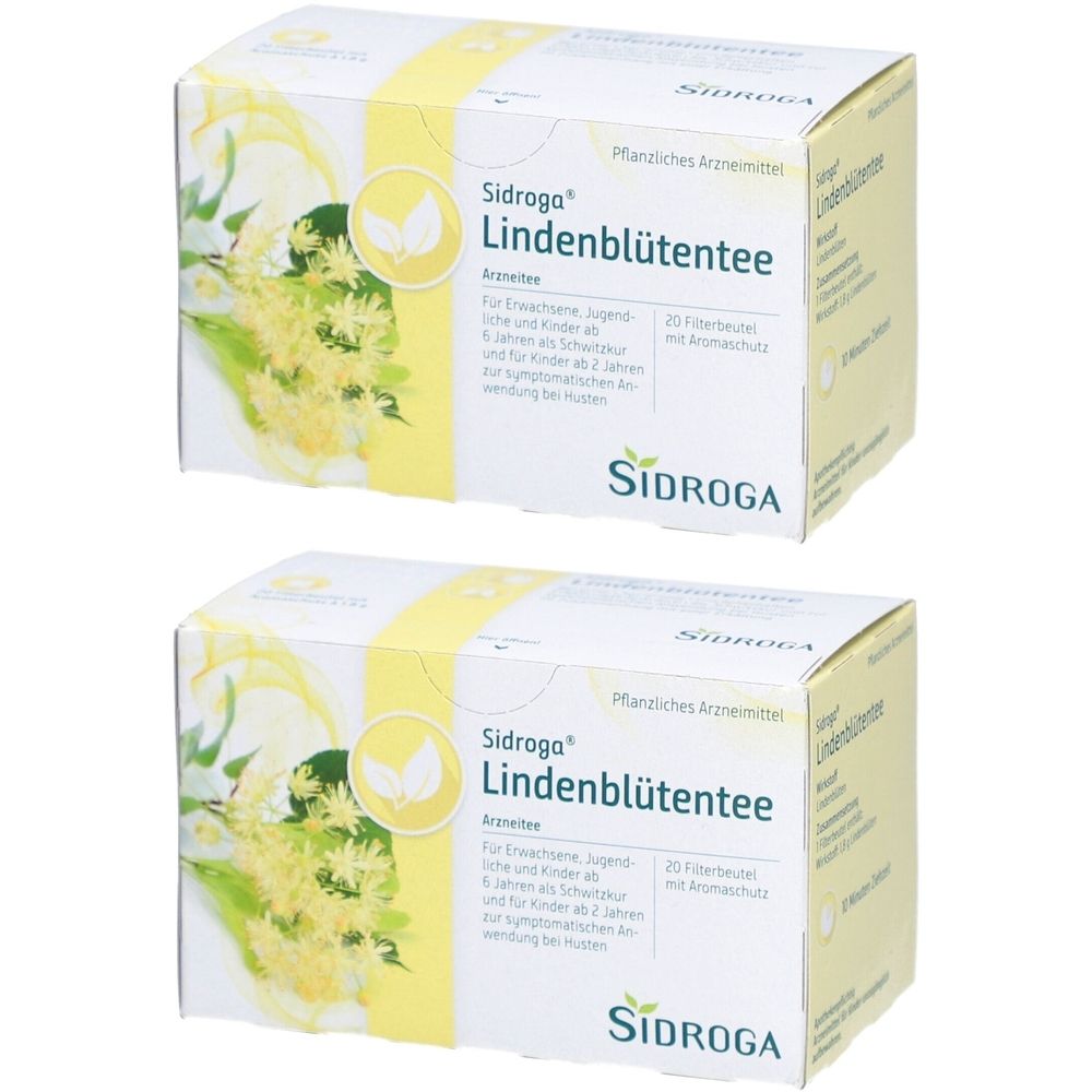 Zwei Schachteln Lindenblütentee. Aufdruck: Sidroga, Lindenblütentee, 20 Filterbeutel. Gelb-weiße Verpackung mit Blütenmotiv.