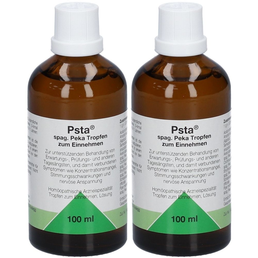 Zwei braune Glasflaschen mit weißem Deckel. Aufschrift: Psta®, spag. Peka Tropfen. 100 ml. Homöopathisches Arzneimittel.