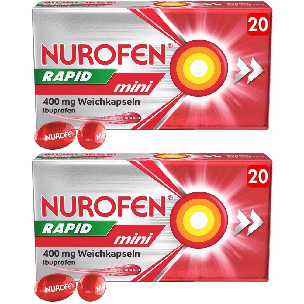 Zwei Schachteln Nurofen Rapid Mini, 20 Weichkapseln. Rote Verpackung mit Produktnamen und Dosierung.