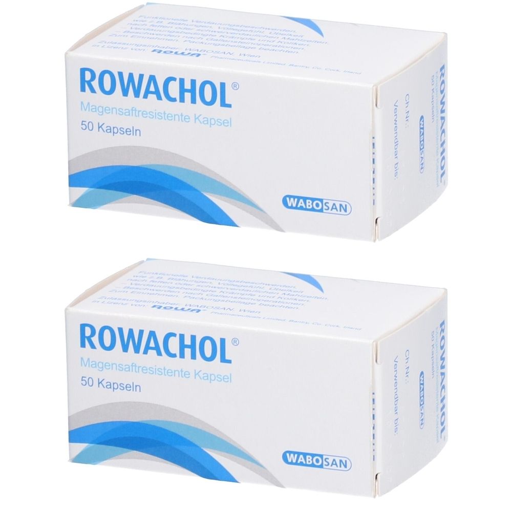 Zwei weiße Kartons mit ROWACHOL-Kapseln. Blaue Wellen und Schriftzug ROWACHOL. WABOSAN-Logo unten.