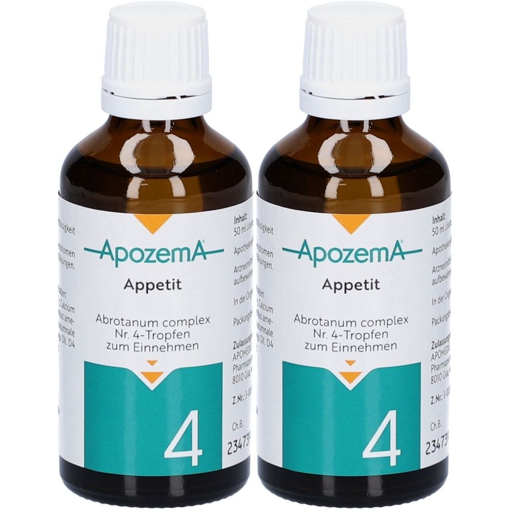Zwei braune Glasflaschen mit weißen Deckeln. Auf den Etiketten steht "Apozema Appetit". Darunter "Abrotanum complex Nr. 4-Tropfen zum Einnehmen".